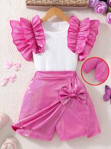 Elladie kids Bộ đồ công chúa lấp lánh cho bé gái gồm áo không tay và quần short đính nơ, thích hợp cho tiệc sinh nhật và biểu diễn sân khấu. - Màu Hồng Tươi - Xem 3