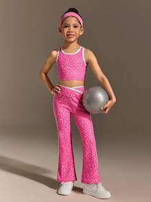 SHEIN 女童粉色豹纹背心和裤子套装，高弹面料 - 粉色 - 查看 8