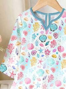 Áo Jalabiya trẻ em màu xanh nhạt, họa tiết vỏ sò nàng tiên cá, sao biển, ngọc trai đại dương, áo dài tay cổ chữ V dáng rộng thoải mái cho bé gái, thích hợp mặc hàng ngày vào mùa xuân/hè, đi nghỉ mát, lễ hội, váy dài tay thời trang ngọt ngào, áo Abaya cầu nguyện cho trẻ em, dễ chịu, mặc thường ngày, áo Kaftan kín đáo, áo Jalabiya trẻ em, kiểu dáng mới. - Nhiều màu - Xem 6