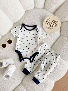 SHEIN 6pcs Newborn Baby Boy Summer Cute Cartoon Star Print Short Sleeve Romper & Pants Set - Blue - View 8