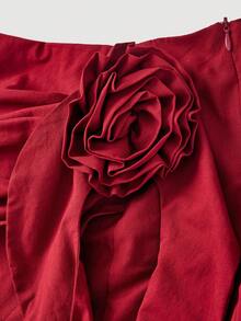 SHEIN MOD 复古宫廷红3D立体花朵荷叶边A字裙，适合花园茶会、约会、派对、女士春夏装、春假、度假、野餐、节日、生日、情人节、夏季、春假等场合。 - 紅色 - 查看 3