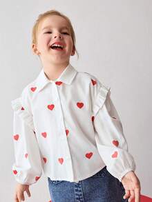 Maija Kids Heart Print Frill Trim Casual Long Sleeve Blouse - Red and White - View 13
