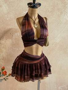 Soleia 女士性感扎染印花露背吊带上衣和迷你裙两件套，夏季 - 彩色 - 查看 2