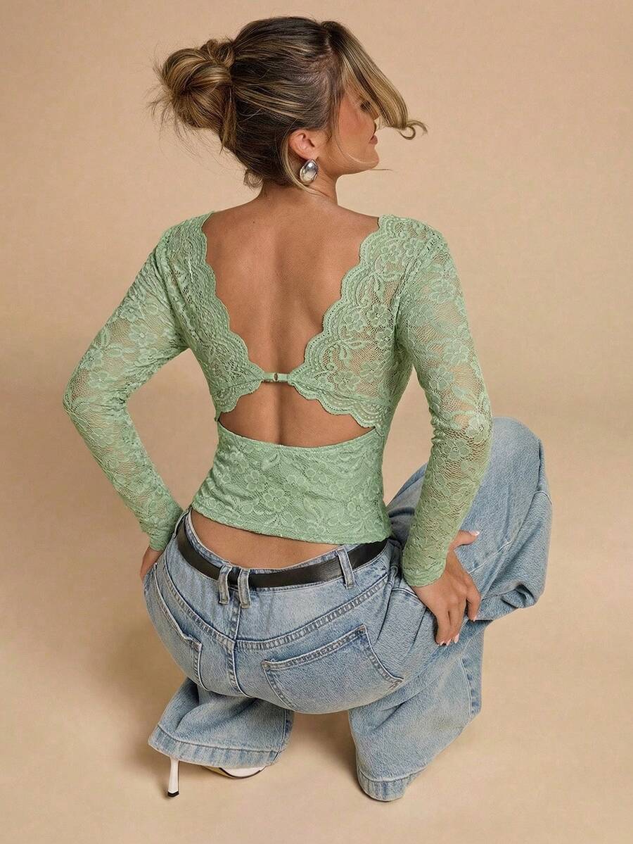 SHEIN BAE 秋冬纯白性感蕾丝长袖露背上衣,性感露背上衣,秋季上衣,露背打底衫,外套,秋季女装,复古富贵,性感简约女式上衣,适合派对、鸡尾酒会、正式场合、生日上衣 - 薄荷綠 - 查看 1