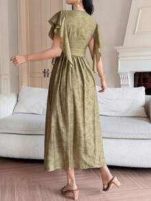 DAZY V-Neck Ruched Waist Flounce Sleeve Dress, Elegant Design, Slimming Effect Sundress - Khaki - View 2