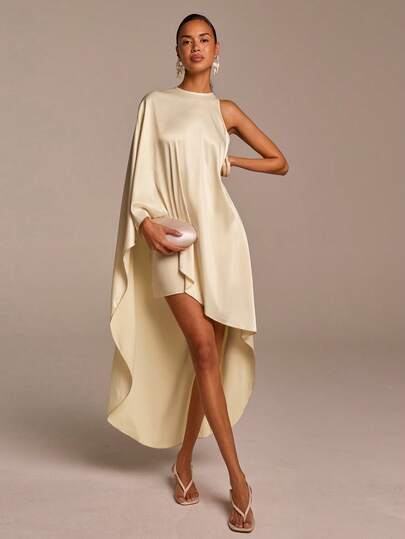 COSMINA Women's Elegant Asymmetric Shoulder Satin Loose Long Blouse, Suitable For Commuting, Office, Vacation, Wedding Guest, Spring,  Asymmetrical Dress,  Cape Dress,  Silk Dress,  Beige Dresses Women,  Assymetrical Dress For Women