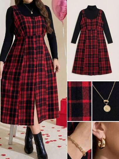 SHEIN LUNE 加大码春季女式红色格子纽扣前襟方领无袖优雅中长连衣裙，腰部系带，适合情人节穿着