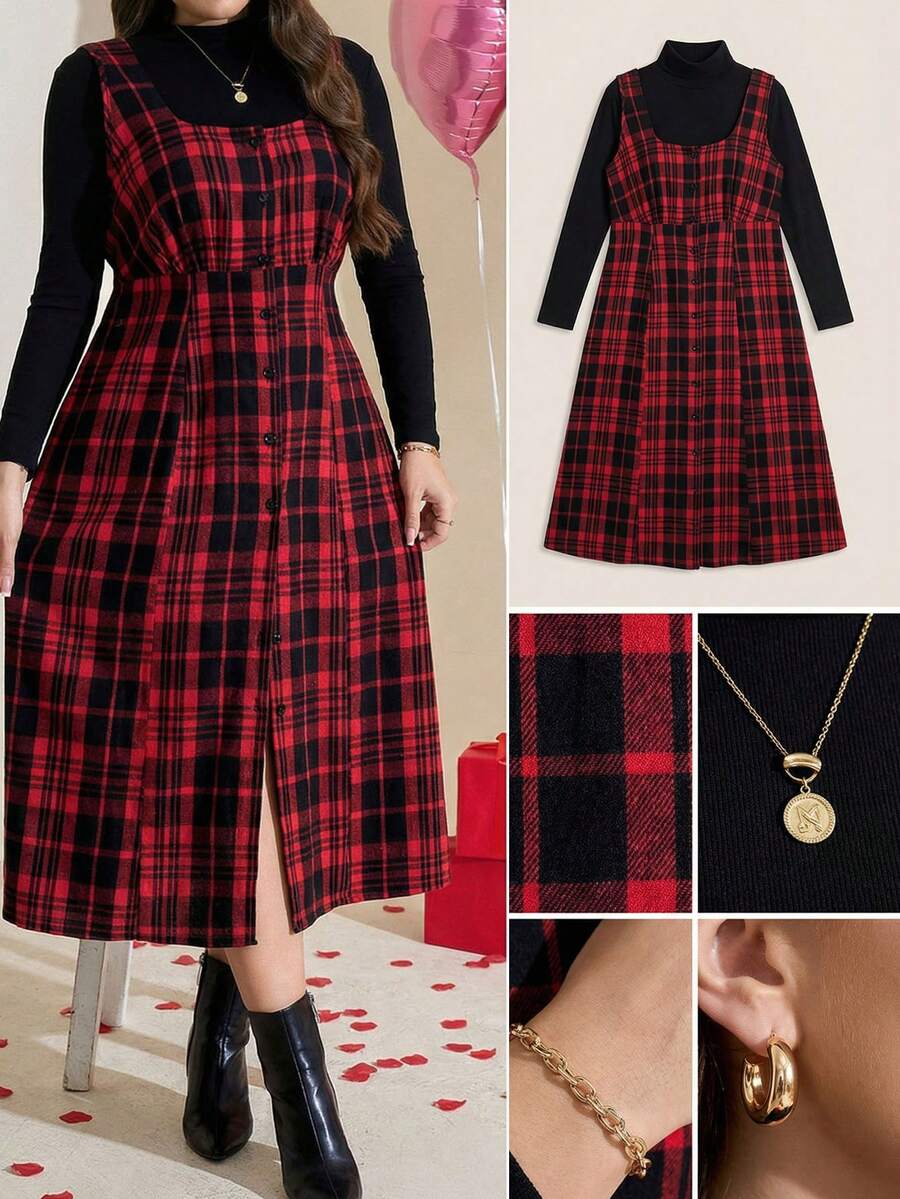 SHEIN LUNE 加大码春季女式红色格子纽扣前襟方领无袖优雅中长连衣裙，腰部系带，适合情人节穿着