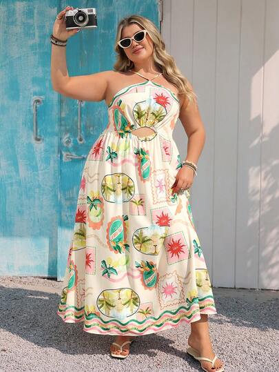 Vivid Eden Plus Size Women Summer Casual Vacation Halter Waist Cutout A-Line Artistic Print Dress