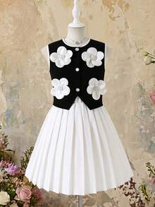 SHEIN 女童无袖蝴蝶结开衫上衣和百褶裙优雅夏季套装 - 黑與白 - 查看 3