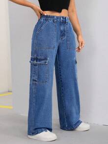 SHEIN ICON Plus Size Women Loose Elastic Waist Washed Denim Cargo Pants - Medium Wash - View 4
