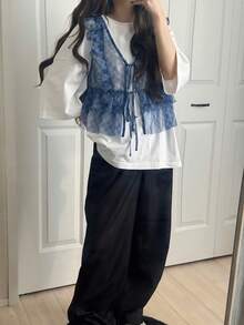 FRIFUL Women's Plaid Blue Sheer Mesh Fabric Layered Tie-Up Bow Loose Casual Versatile Blouse - Blue - View 2