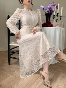 DAZY Women's Round Neck Lantern Sleeve Elegant Lace Dress Maxi Dress Sundress - Apricot - View 5