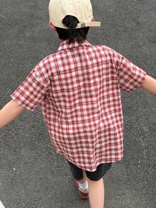 DAZY Tween Boy Plaid Short Sleeve Single-Breasted Pocket Casual Shirt - Red - View 7