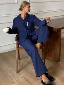 DAZY 纯色纽扣衬衫和裤子睡衣套装 - 藏蓝色 - 查看 8