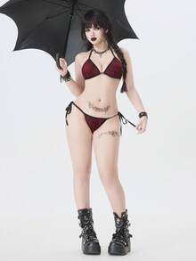 ROMWE Goth Contrast Binding Halter Triangle Tie Side Bikini Swimsuit - Multicolor - View 6