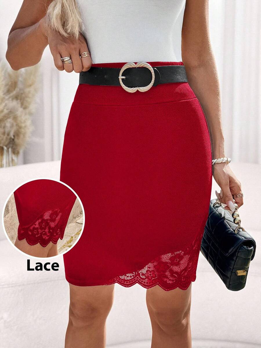Editum 女士新款时尚高端优雅蕾丝拼接及膝半身裙，适合日常、通勤和户外活动等多种场合。 - 紅色 - 查看 1