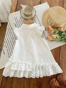 SHEIN Babygirl Cute Summer White Floral Embroidery Ruffle Collar Shirt Dress - White - View 2