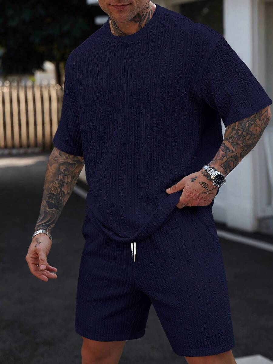 Manfinity CasualCool Men's Textured Fabric Short Sleeve T-Shirt And Asymmetric Pocket Shorts Set - Navy Blue - View 1