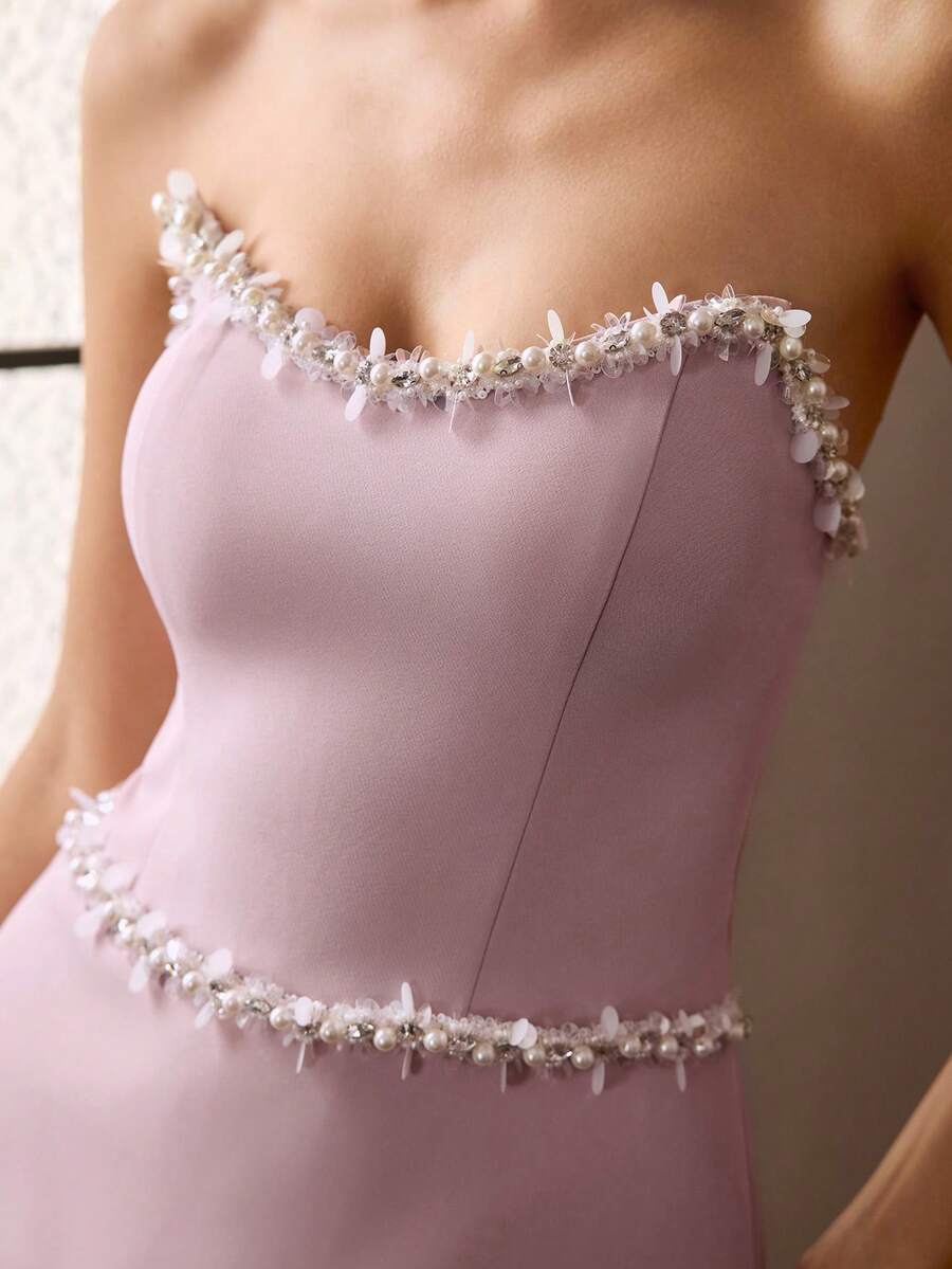 MOTF Soiréza Đầm maxi dự tiệc màu hồng thanh lịch không dây cho nữ, được trang trí bằng ngọc trai giả và đá pha lê, thiết kế dây buộc phía sau có thể điều chỉnh, thích hợp cho đám cưới, tiệc tối năm mới, tiệc trang trọng và tiệc cocktail, trang phục mùa xuân và mùa hè.