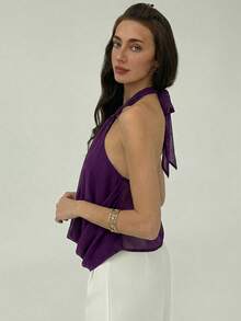 Aloruh 女士性感纯色露背吊带背心，夏季 - 紫色 - 查看 6