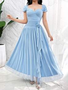 Feyla Nuevo vestido de cóctel elegante de línea A con cintura fruncida, volantes y flores 3D románticas - Celeste - Ver 7