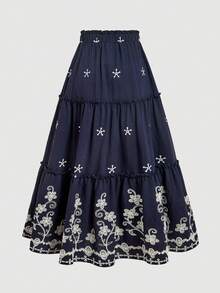 SHEIN MOD 波西米亚镂空刺绣多层半身裙，70年代复古风，适合花园茶会、约会、派对等场合，是女士春夏沙滩装的理想之选。吊带设计，波西米亚风情，适合春假穿着。藏蓝色刺绣长款半身裙，花卉图案，波西米亚风格，高腰设计，飘逸灵动，艺术感十足，触感柔软细腻，弹性腰带，A字裙摆，轻盈透气，复古灵感，优雅民族风图案，质感面料，休闲优雅，层叠裙摆，魅力十足。适合夏季假期、度假、嘉年华、情人节、女士情人节、夏季、春假等场合。 - 藏蓝色 - 查看 2