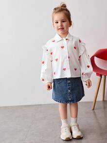 Maija Kids Heart Print Frill Trim Casual Long Sleeve Blouse - Red and White - View 3