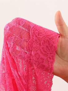 DelicateAllure 2pcs Lace Patchwork Criss-Cross Strap Off-Shoulder Sexy Lingerie Set: Nightgown + G-String - Hot Pink - View 6
