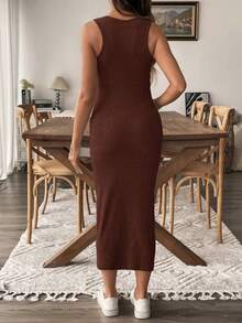SHEIN Gaun Hamil Tanpa Lengan Leher Bulat Bergaris Pas Badan Bergaya Musim Panas - Coffee Brown - View 2
