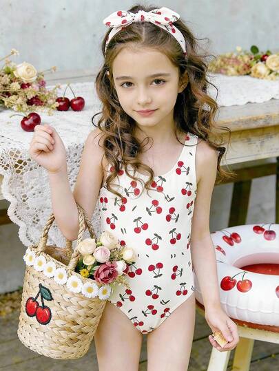 Vintage Cute Sweet Mini Cherry Heart Print Pattern, Ballerina Style, Ins, Tween Girls Casual Minimalist Camisole One-Piece Swimsuit, Suitable For Summer