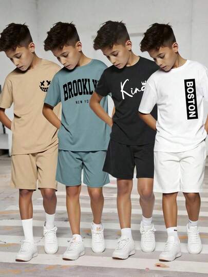 SHEIN 8pcs/Set Tween Boys' Casual Loose Letter Graphic Round Neck T-Shirts & Shorts Set, Suitable For Commuting, School, Daily Casual Wear, Sports, Spring/Summer
