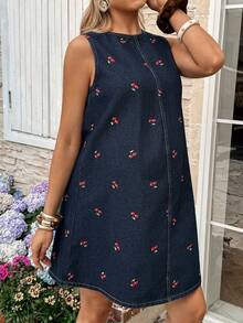SHEIN Maternity Cherry Pattern Round Neck Sleeveless Casual Loose Denim Dress Spring To Summer Carnival Costume Commuting Vacation Graduation Chic Y2k Cute Streetwear Party Wedding Elegant Business Casual Woman Delightful Dark Wash Denim Dress With Cherry Embroidery Sleeveless Round Neck Casual Mini A-Line Style Blue - Blue - View 5