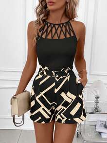 SHEIN Clasi Bộ đồ hai mảnh màu vàng họa tiết hình học khoét rỗng dành cho nữ, áo hai dây và quần short có túi, áo liền quần màu đen cho nữ, bộ đồ hai mảnh mùa hè cho nữ, trang phục hai mảnh cho nữ. - Màu Khaki - Xem 5