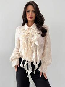 Firerie 女士优雅精致浪漫复古宫廷风荷叶边提花纹理纽扣喇叭袖杏色衬衫，适合秋季和春季穿着 - 杏色 - 查看 3