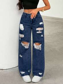 SHEIN Tall Women's Casual Fashion Street Chic Daily Commute Distressed Loose Straight Leg Jeans - Royal Blue - View 3