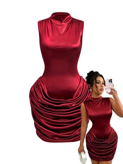 GlowEve New European & American Style Elegant Lady Mandarin Collar Fitted Pleated Bodycon Double-Layer Sleeveless Mini Dress, Formal Cocktail Party Chic Knitted Stretch Satin Sexy Dress For Women