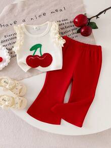 女童华夫格荷叶边无袖樱桃刺绣背心和喇叭裤套装，可爱休闲夏季装扮 - 杏色 - 查看 3