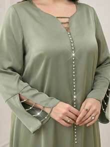 SHEIN Najma Elegant V-Neck Flare Sleeve Ruffle Hem Dress, Spring/Summer - Green - View 6