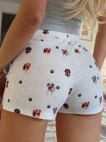 DAZY Happy Dog Print Fitted Ultra-Short Women Sleepwear Bottoms - White - View 2