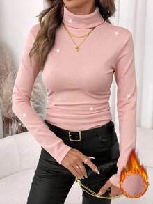 SHEIN Clasi Women's High Neck Rhinestone Glitter Fitted Elastic Solid Black Knit Top, Autumn/Winter - Pink - View 4