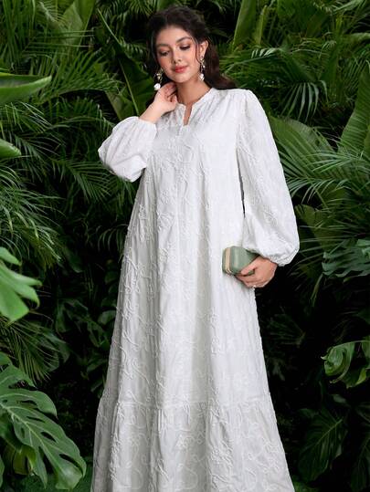 SHEIN Najma Vestido árabe de mujer con cuello mao, decoración de botones, tela bordada, mangas farol y bajo acampanado