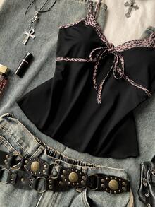 Attitoon 夏季女士豹纹拼接扭结设计休闲百搭约会之夜吊带背心，春季女装，复活节，外出上衣，黑色上衣，适合返校季，复古，性感，可爱，Y2K，椰子女孩，波西米亚，嬉皮，音乐节，派对 - 彩色 - 查看 3