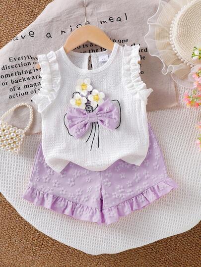 SHEIN Elladie kids Conjunto de top de camisola con volantes de jacquard de marfil y shorts con volantes morados para niña pequeña, un adorable atuendo de verano para bebé