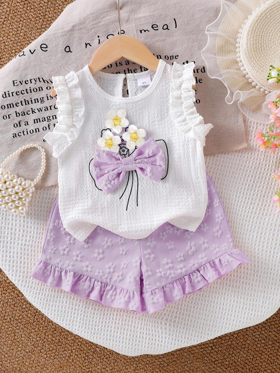 SHEIN Elladie kids Bộ đồ mùa hè dễ thương và đáng yêu cho bé gái (nhỏ): Áo hai dây dệt kim jacquard màu trắng ngà viền bèo nhún và quần short viền bèo nhún màu tím. - Màu tím - Xem 1