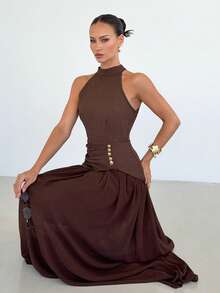 Siren Gaze 女士纯色优雅无袖褶皱连衣裙，适合婚礼宾客、通勤、办公、约会、情人节等场合，棕色褶皱连衣裙 - 棕色 - 查看 4