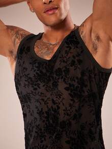 FeverCity Men's Flocked Mesh Round Neck Sleeveless Tank Top - Black - View 7