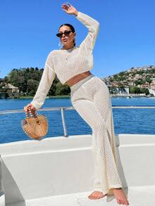 EURMUSE 镂空纯色圆领长袖上衣和裤子罩衫套装，适合夏季海滩度假 - 杏色 - 查看 6