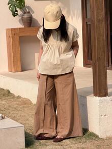 DAZY Conjunto de 2 piezas de blusa de manga corta con cuello y pantalón de pierna ancha para niñas preadolescentes, conjunto de otoño - Albaricoque - Ver 4