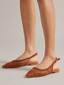 SHUZIA 女式宽版时尚编织尖头露跟平底鞋 - 棕色 - 查看 2